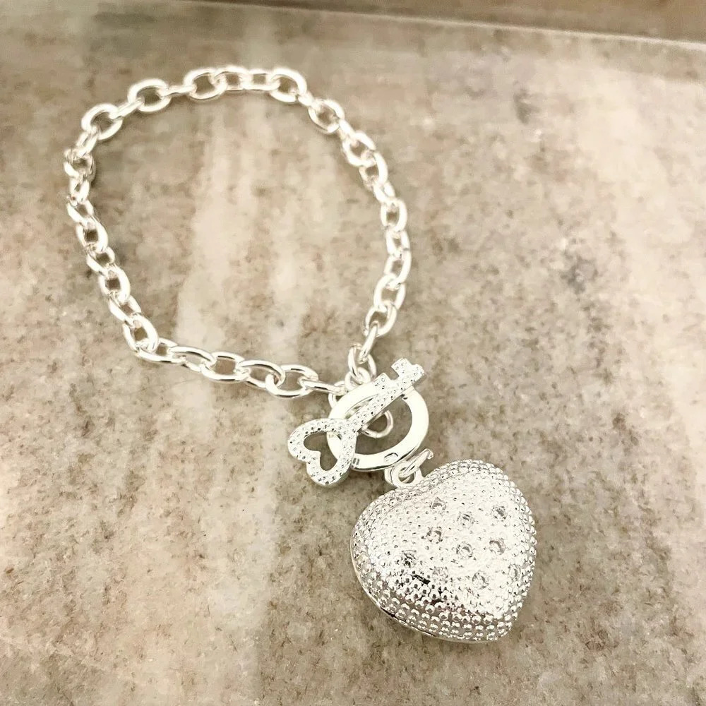 925 Sterling Silver Heart & Key Toggle Bracelet Thick Chunky Link Bracelet - Picture 3 of 6